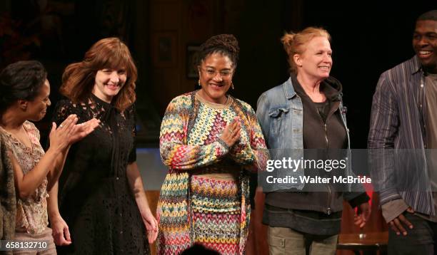 Michelle Wilson, Kate Whoriskey, Lynn Nottage, Johanna Day, Khris Davis during curtain call bows for the Broadway Opening Night of "Sweat" at Studio...