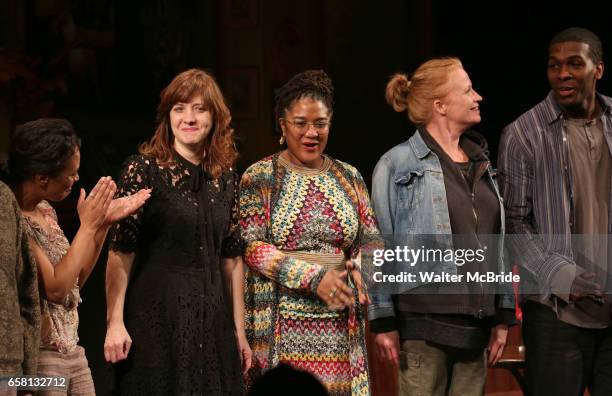 Michelle Wilson, Kate Whoriskey, Lynn Nottage, Johanna Day, Khris Davis during curtain call bows for the Broadway Opening Night of "Sweat" at Studio...