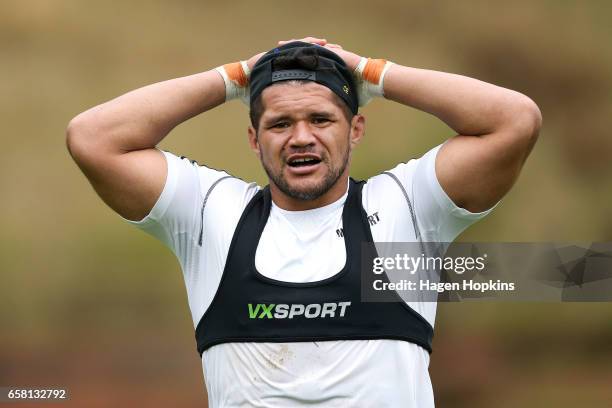 Chris Eves recovers during a Hurricanes training session at Rugby League Park on March 27, 2017 in Wellington, New Zealand.