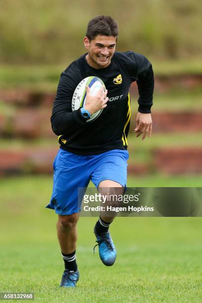 Otere Black takes part in a drill during a Hurricanes training session at Rugby League Park on March 27, 2017 in Wellington, New Zealand.