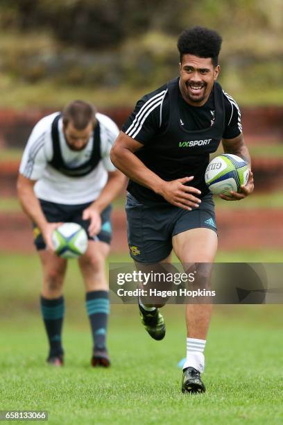 Ardie Savea takes part in a drill during a Hurricanes training session at Rugby League Park on March 27, 2017 in Wellington, New Zealand.