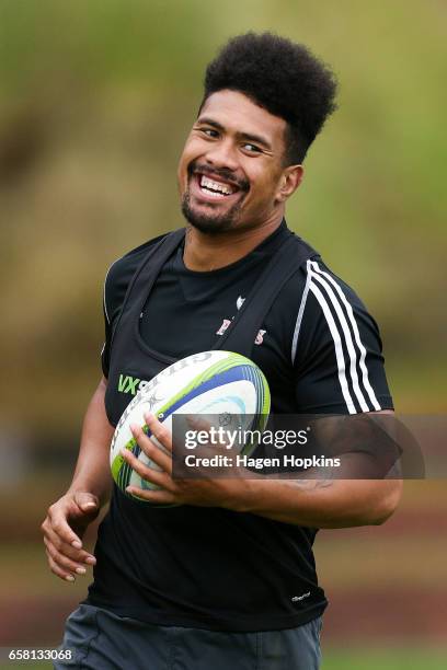 Ardie Savea takes part in a drill during a Hurricanes training session at Rugby League Park on March 27, 2017 in Wellington, New Zealand.