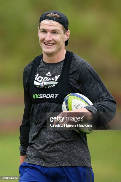 Jordie Barrett looks on during a Hurricanes training session at Rugby League Park on March 27, 2017 in Wellington, New Zealand.