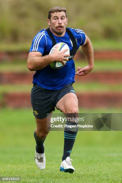 Callum Gibbins takes part in a drill during a Hurricanes training session at Rugby League Park on March 27, 2017 in Wellington, New Zealand.