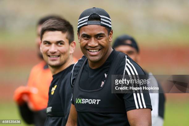 Julian Savea enjoys a laugh during a Hurricanes training session at Rugby League Park on March 27, 2017 in Wellington, New Zealand.