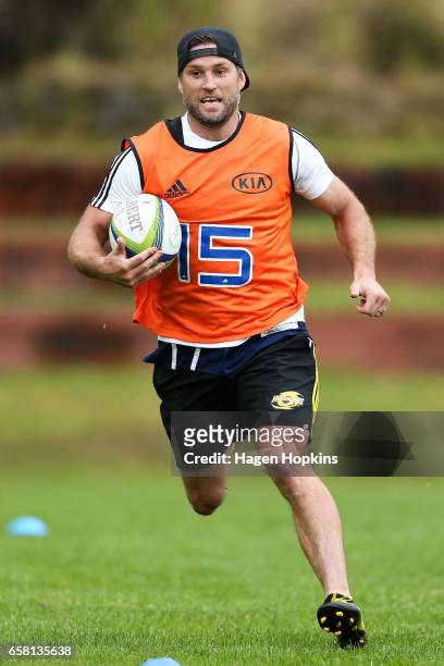 Cory Jane takes part in a drill during a Hurricanes training session at Rugby League Park on March 27, 2017 in Wellington, New Zealand.