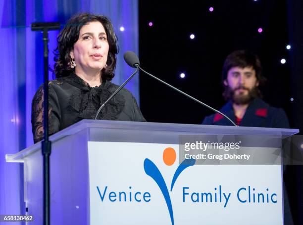Sue Kroll speaks after receiving an award from Actor Jared Leto at the 35th Annual Silver Circle Gala at The Beverly Hilton Hotel on March 26, 2017...