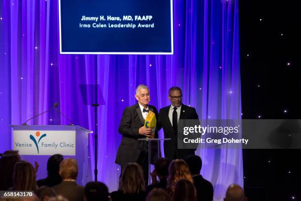 David Carlisle presents an award to Dr. Jimmy Hara at the 35th Annual Silver Circle Gala at The Beverly Hilton Hotel on March 26, 2017 in Beverly...