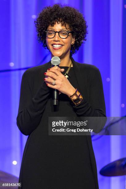 Actress Kristal Oates hosts the live auction at the 35th Annual Silver Circle Gala at The Beverly Hilton Hotel on March 26, 2017 in Beverly Hills,...