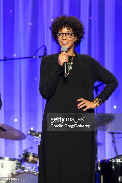 Actress Kristal Oates hosts the live auction at the 35th Annual Silver Circle Gala at The Beverly Hilton Hotel on March 26, 2017 in Beverly Hills,...