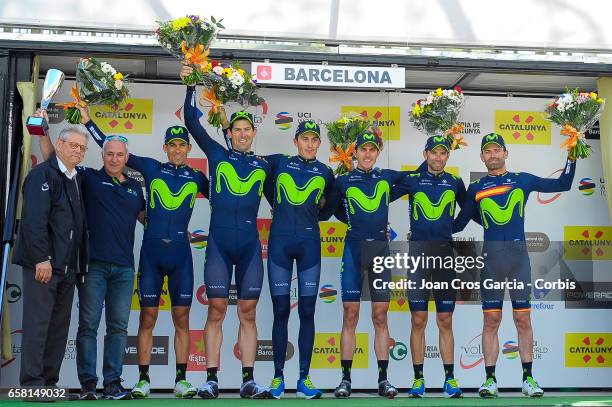 Alejandro Valverde, Ruben Fernandez, Marc Soler, Jose Rojas, Imanol Erviti, Nelson Oliveira, of Movistar Team, celebrating the Movistar Team victory...