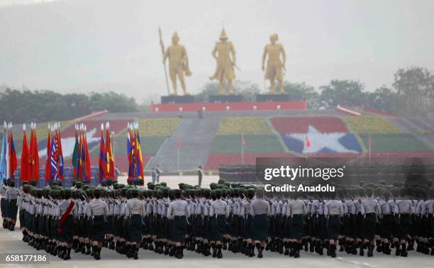 Myanmarese army march during a military parade marking the 72nd Armed Forces Day in political capital, Nay Pyi Taw, Myanmar on March 27, 2017.