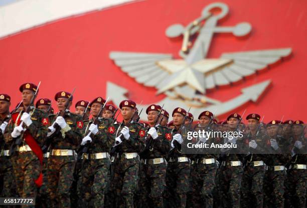 Myanmarese army march during a military parade marking the 72nd Armed Forces Day in political capital, Nay Pyi Taw, Myanmar on March 27, 2017.