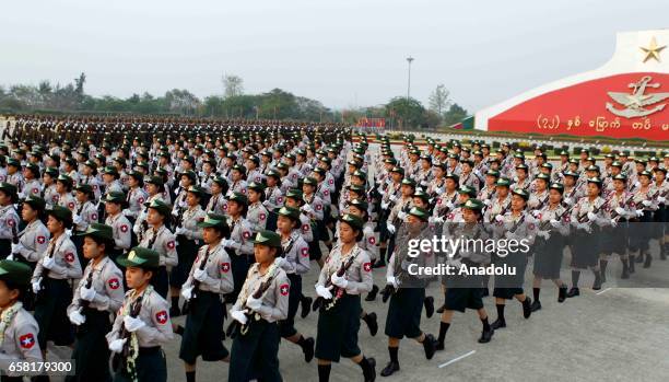 Myanmarese army march during a military parade marking the 72nd Armed Forces Day in political capital, Nay Pyi Taw, Myanmar on March 27, 2017.