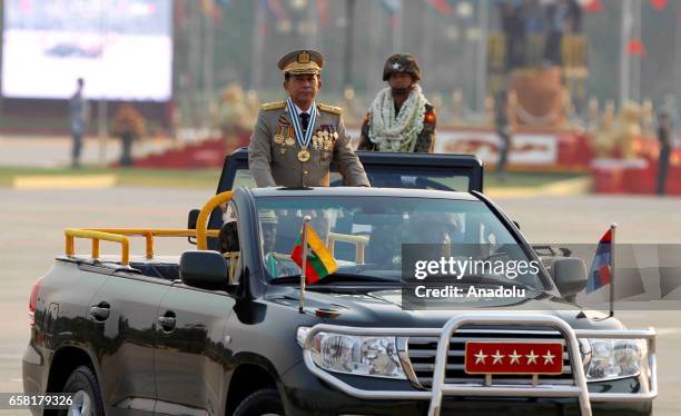 Myanmars military chief Senior General Min Aung Hlaing attends a military parade marking the 72nd Armed Forces Day in political capital, Nay Pyi Taw,...