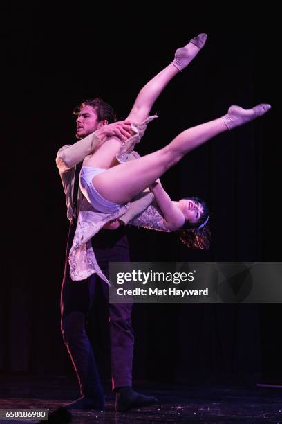 Dancers Mason Cutler and Chantel Aguirre of Shaping Sound perform during the 'After The Curtain' show at Paramount Theatre on March 26, 2017 in...