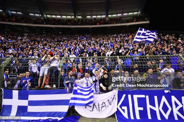 Greek fans show their support during the FIFA 2018 World Cup Group H Qualifier match between Belgium and Greece at Stade Roi Baudouis on March 25,...