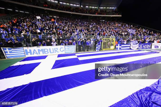 Greek fans show their support during the FIFA 2018 World Cup Group H Qualifier match between Belgium and Greece at Stade Roi Baudouis on March 25,...