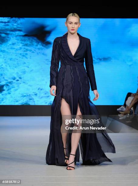 Model walks the runway wearing Armine Ohanyan at Vancouver Fashion Week Fall/Winter 2017 at Chinese Cultural Centre of Greater Vancouver on March 26,...