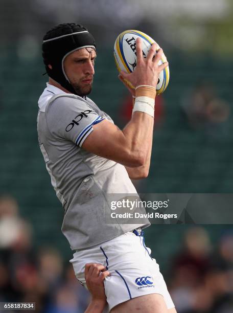 Luke Charteris of Bath catches the ball during the Aviva Premiership match between Saracens and Bath at Allianz Park on March 26, 2017 in Barnet,...