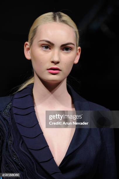 Model walks the runway wearing Armine Ohanyan at Vancouver Fashion Week Fall/Winter 2017 at Chinese Cultural Centre of Greater Vancouver on March 26,...