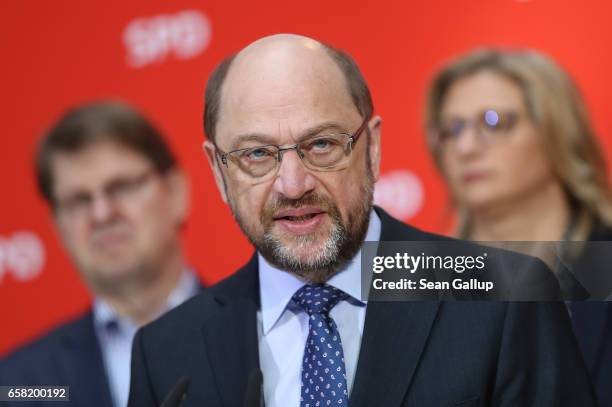 Martin Schulz , newly-elected chairman and chancellor candidate of the German Social Democrats , speaks to the media at SPD headquarters the day...
