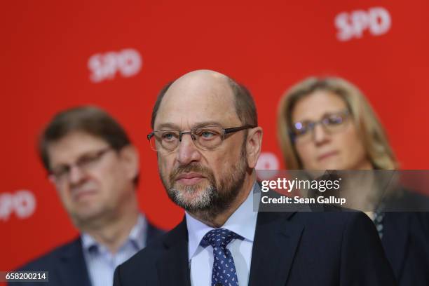 Martin Schulz , newly-elected chairman and chancellor candidate of the German Social Democrats , speaks to the media at SPD headquarters the day...