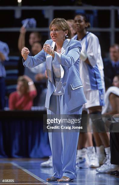 Head Coach Sylvia Hatchell of the North Carolina Tar Heels watches from the sidelines during the game against the North Carolina State Wolfpack at...