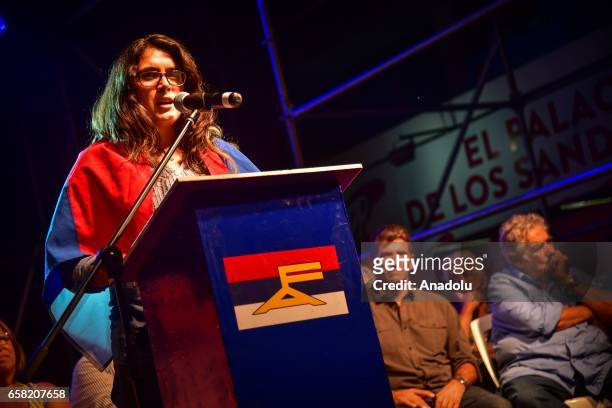 Representative of the youth of the Frente Amplio, Estefania Diaz speaks during the 46th anniversary celebrations of the establishment of the Frente...