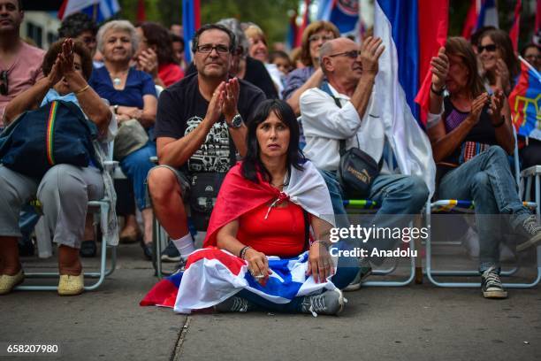 People attend the 46th anniversary celebrations of the establishment of the Frente Amplio in Las Piedras, Canelones on March 26, 2017. 46 years after...