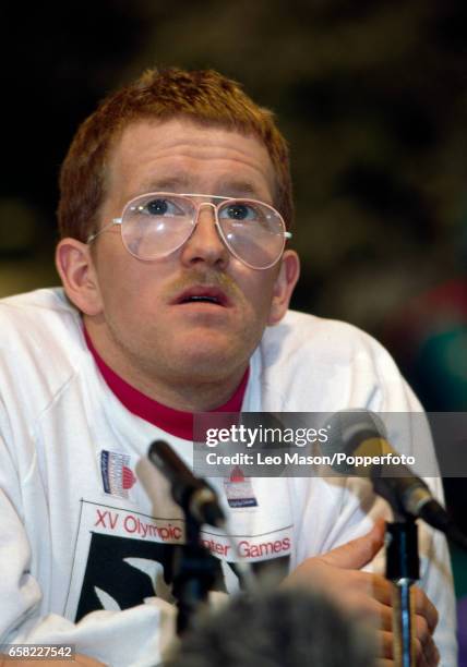 Eddie the Eagle Edwards of Great Britain during a press conference following his ski jumping efforts at the Winter Olympic Games in Calgary, Canada,...