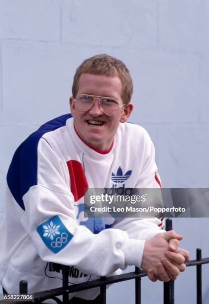 Eddie the Eagle Edwards of Great Britain following his ski jumping efforts during the Winter Olympic Games in Calgary, Canada, circa February 1988....