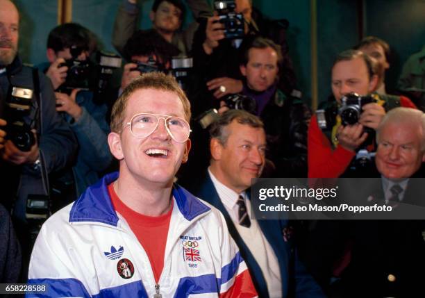 Eddie the Eagle Edwards of Great Britain following his ski jumping efforts during the Winter Olympic Games in Calgary, Canada, circa February 1988....