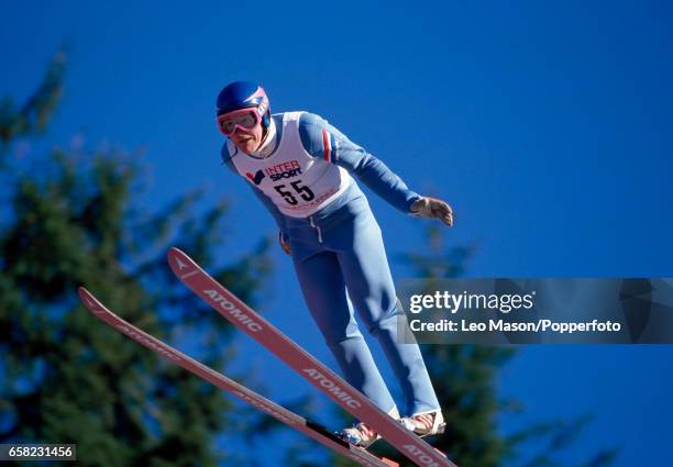 Eddie Edwards of Great Britain during a training session, circa February 1988. Edwards became better known as Eddie The Eagle following the Olympic...