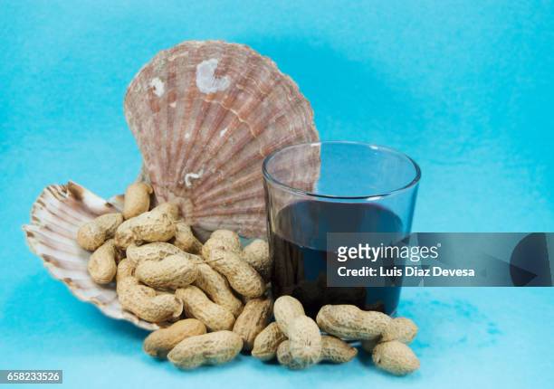 scallop shell filled with snacking peanuts - tentempié stock pictures, royalty-free photos & images