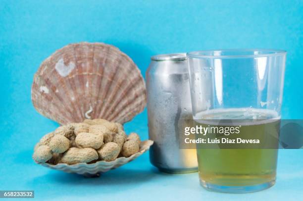 scallop shell filled with snacking peanuts - herramientas profesionales stockfoto's en -beelden