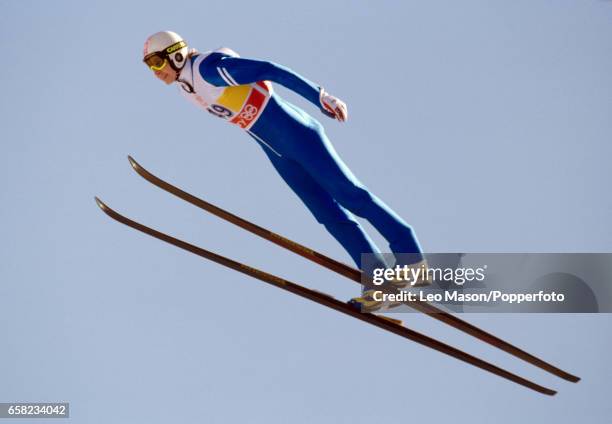 Matti Nykanen of Finland competing in a men's ski jumping event, during the Winter Olympic Games in Calgary, Canada, February 1988. Nykanen won gold...