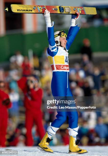 Matti Nykanen of Finland celebrates after winning a men's ski jumping event, during the Winter Olympic Games in Calgary, Canada, circa February 1988....