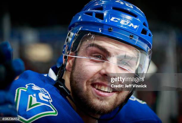 Michael Chaput of the Vancouver Canucks looks on from the bench during their NHL game against the Dallas Stars at Rogers Arena March 16, 2017 in...