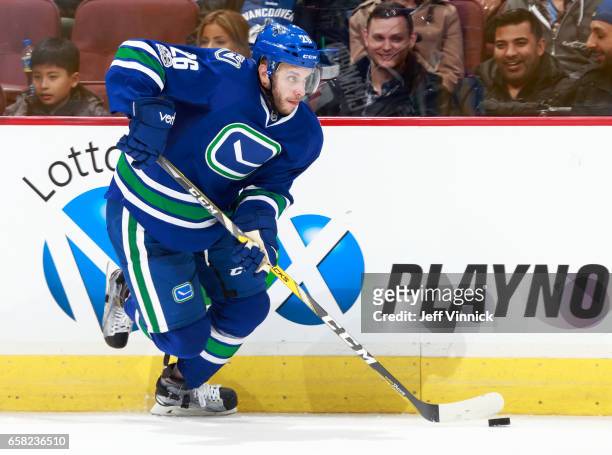 Joseph Cramarossa of the Vancouver Canucks skates up ice during their NHL game against the Dallas Stars at Rogers Arena March 16, 2017 in Vancouver,...