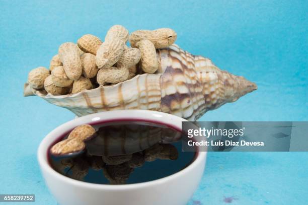 scallop shell filled with snacking peanuts - copa de vino stock-fotos und bilder