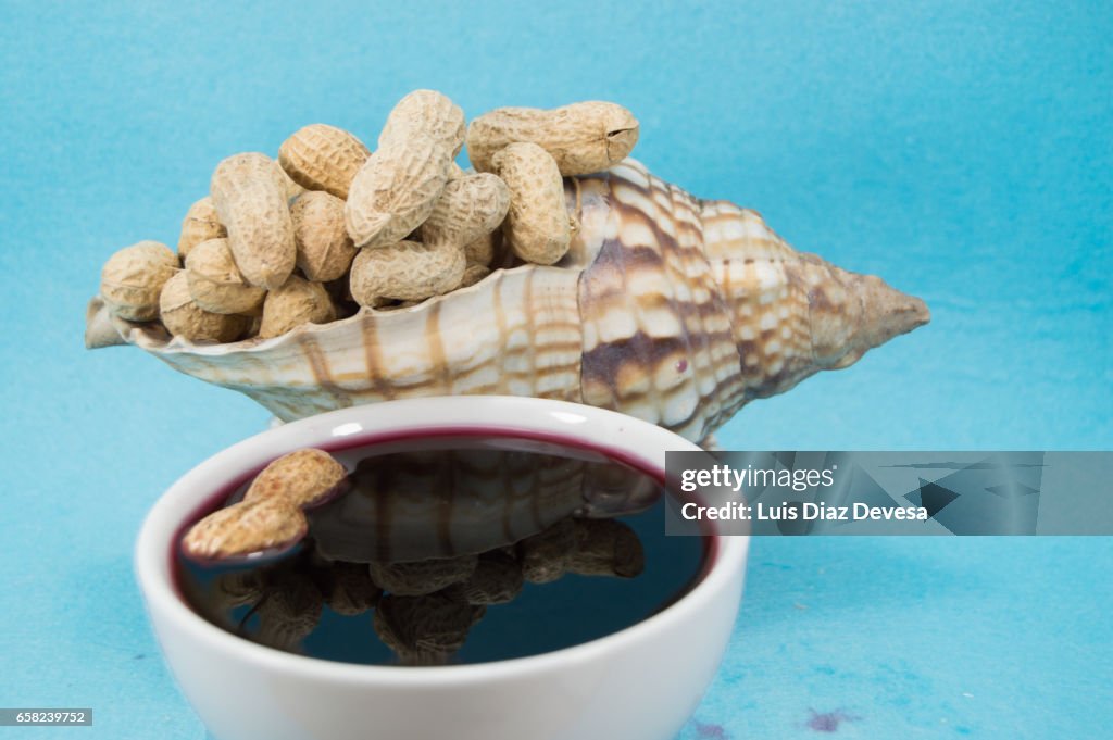 Scallop shell filled with snacking peanuts