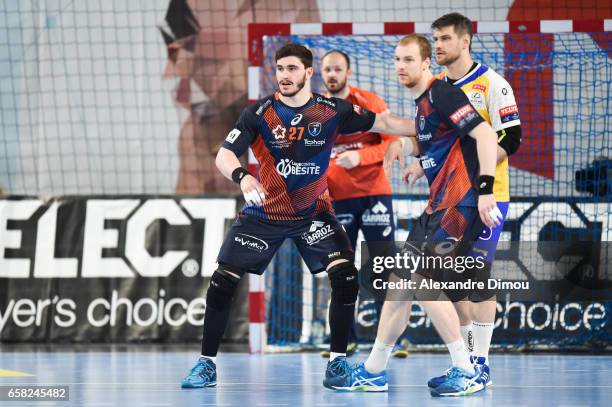 Ludovic Fabregas and Jonas Truchanovicius of Montpellier during the Champions League match between Montpellier and Kielce on March 26, 2017 in...