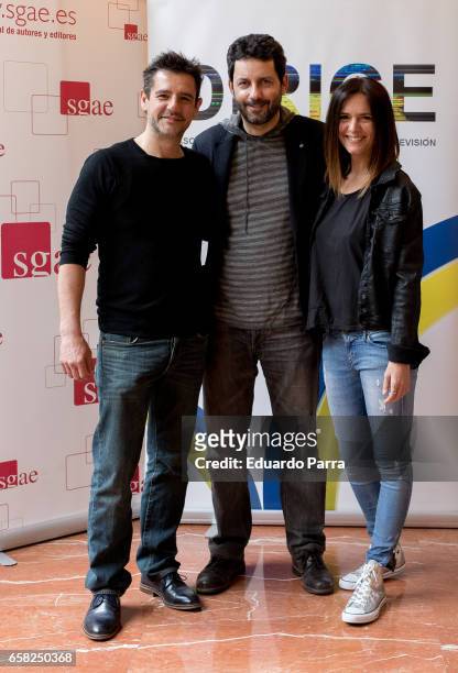 Hugo Hortelano , Manue Rios San Martin and Eva Santolaria attend the 'Dirige' photocall at Longoria palace on March 27, 2017 in Madrid, Spain.