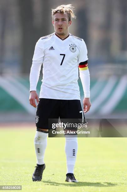 Felix Passlack of Germany reacts during the UEFA Elite Round match between U19 Germany and U19 Serbia at Sportpark on March 25, 2017 in Kelsterbach,...