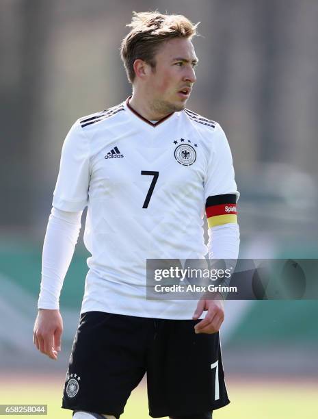 Felix Passlack of Germany reacts during the UEFA Elite Round match between U19 Germany and U19 Serbia at Sportpark on March 25, 2017 in Kelsterbach,...