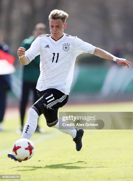 Robin Hack of Germany controles the ball during the UEFA Elite Round match between U19 Germany and U19 Serbia at Sportpark on March 25, 2017 in...