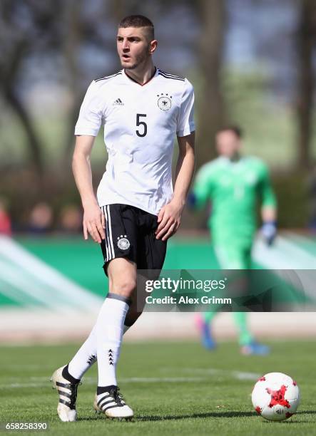 Julian Chabot of Germany controles the ball during the UEFA Elite Round match between U19 Germany and U19 Serbia at Sportpark on March 25, 2017 in...