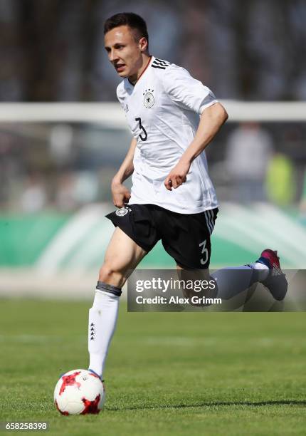 Dominik Franke of Germany controles the ball during the UEFA Elite Round match between U19 Germany and U19 Serbia at Sportpark on March 25, 2017 in...