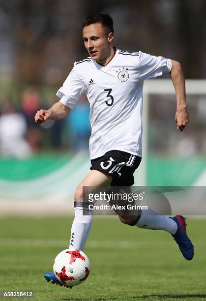 Dominik Franke of Germany controles the ball during the UEFA Elite Round match between U19 Germany and U19 Serbia at Sportpark on March 25, 2017 in...